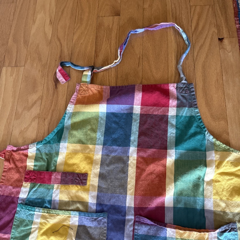 Crate & Barrel Bib Apron Striped Multi Colored Patchwork Pockets 34"l