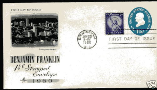 U541  1 1/4c Ben Franklin Embossed Envelope Artcraft FDC