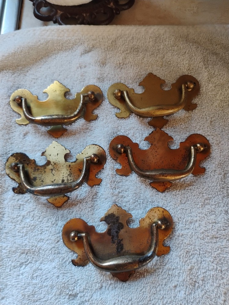 5 Brass Drawer Swing Handle Pulls Chippendale Batwing Antique Hardware No Screws