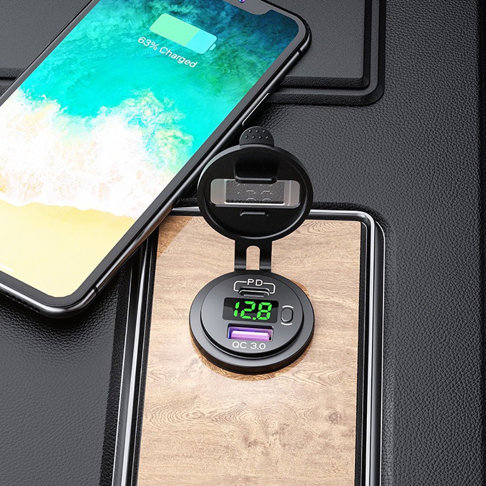 PD + QC3.0 USB Car Fast Charger Socket LED Voltmeter For iPhone Samsung Android