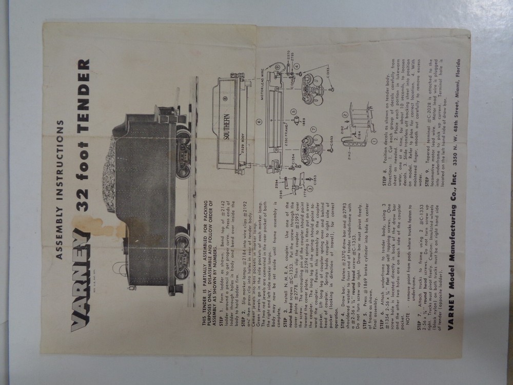 Varney Assembly & Instruction Sheets Featuring HP Diesel Switch & 32 ft Tender