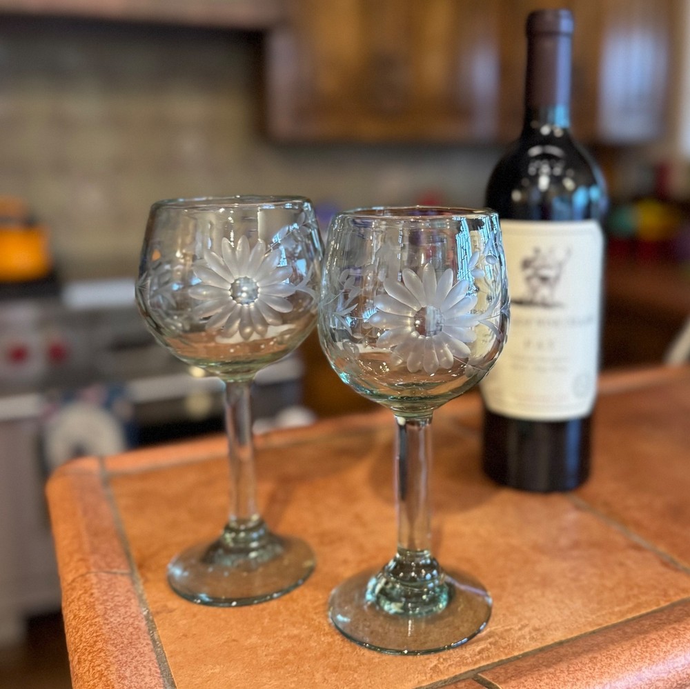 Handblown Etched Mexican Wine Glasses