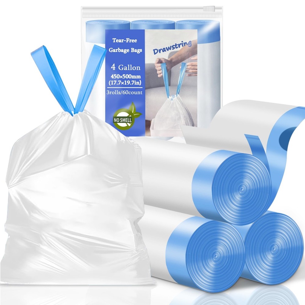 4 Gallon Drawstring Trash Bags Tear Free Thick Small Garbage Bags White 60 Count