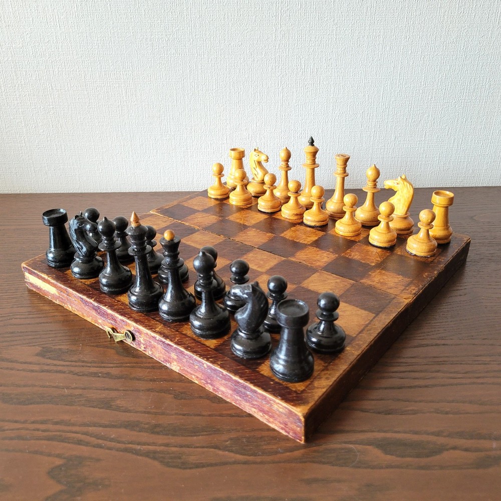 Authentic Soviet chess set 50s Wooden Vintage Antique
