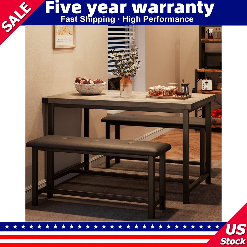 🔥Kitchen Table Set with 2 Benches Rectangular Dining Table for 4 Upholstered