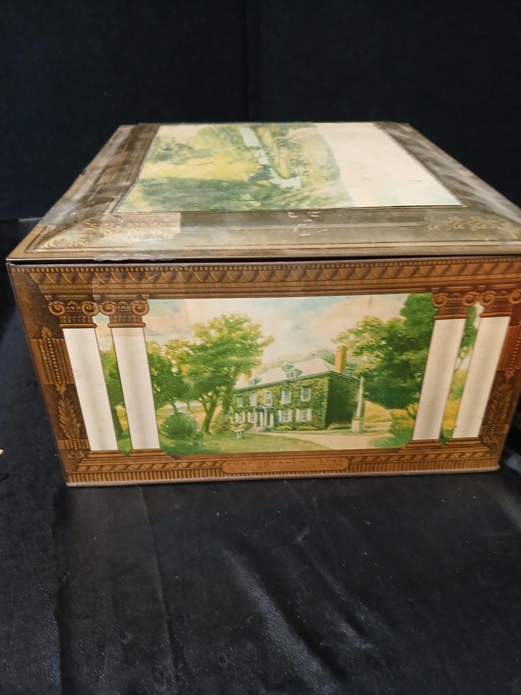 Vintage Scenic Tin Storage Box with Lock