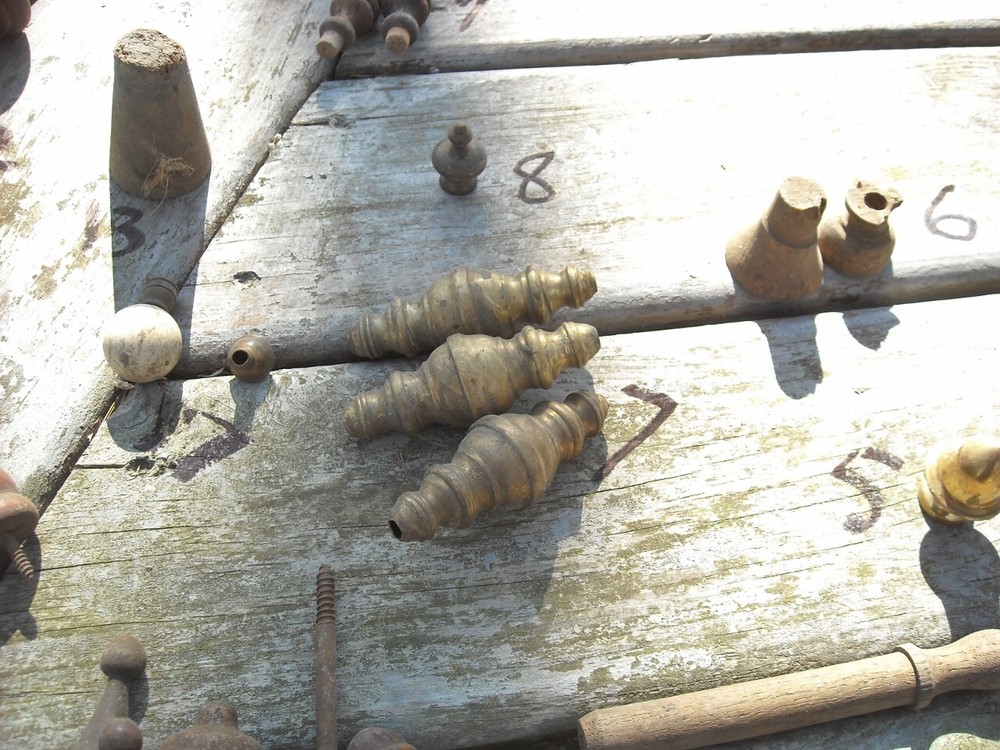 Thirty Five Small Wood & Brass Mostly Finial Type Spindles