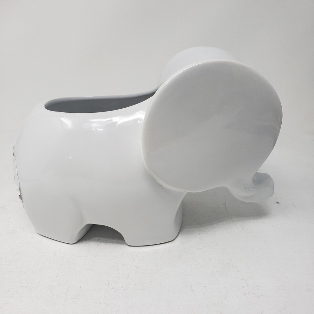 White Gloss Glazed Elephant Planter Ceramic Short Round 6" Long 4" Tall MOD