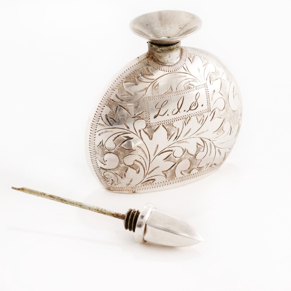 JAPANESE 950 SILVER PERFUME,FUNNEL ORIGINAL BOX SCROLL & FOLIATE MONOGRAM LIS