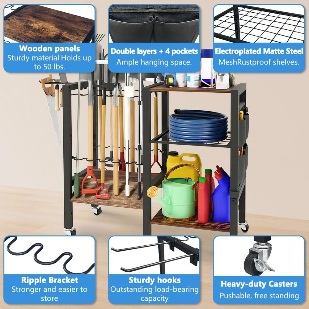 Garden Tool Organizer with Lockable Wheels, Heavy Duty Yard Tool Storage Rack...