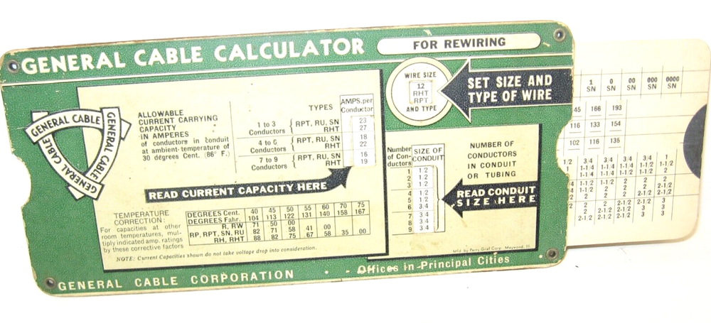 1940 General Cable Calculator Current Cap./Wire, Conduit Sizes New Work/Rewiring