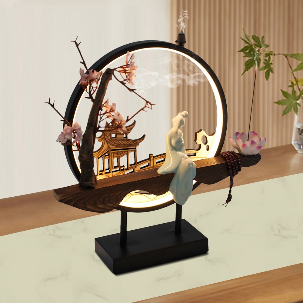 Incense Burner Holder 3 Gear Led Night Light Ceramic Backflow Incense Decoration