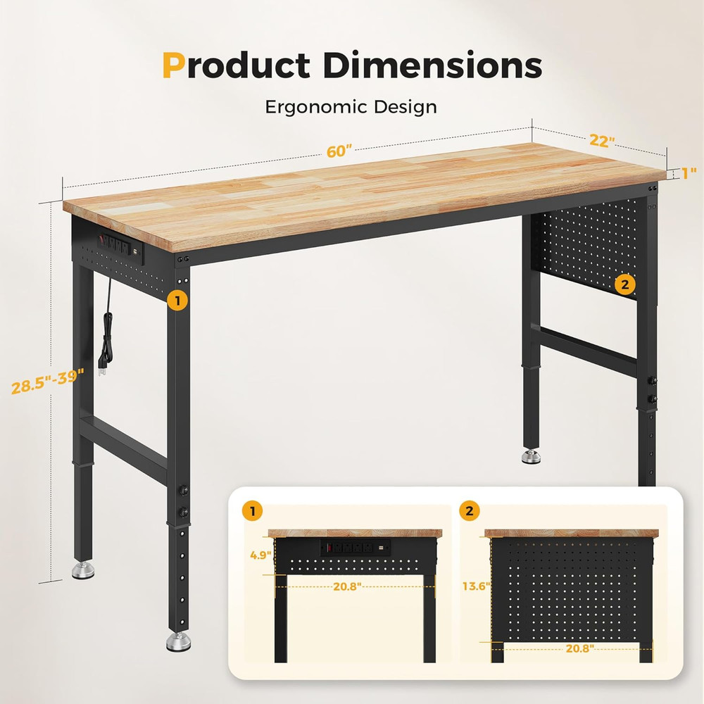 60" Adjustable Heavy Duty Workbench, 2000 LBS Load Capacity Rubber Wood Work Tab