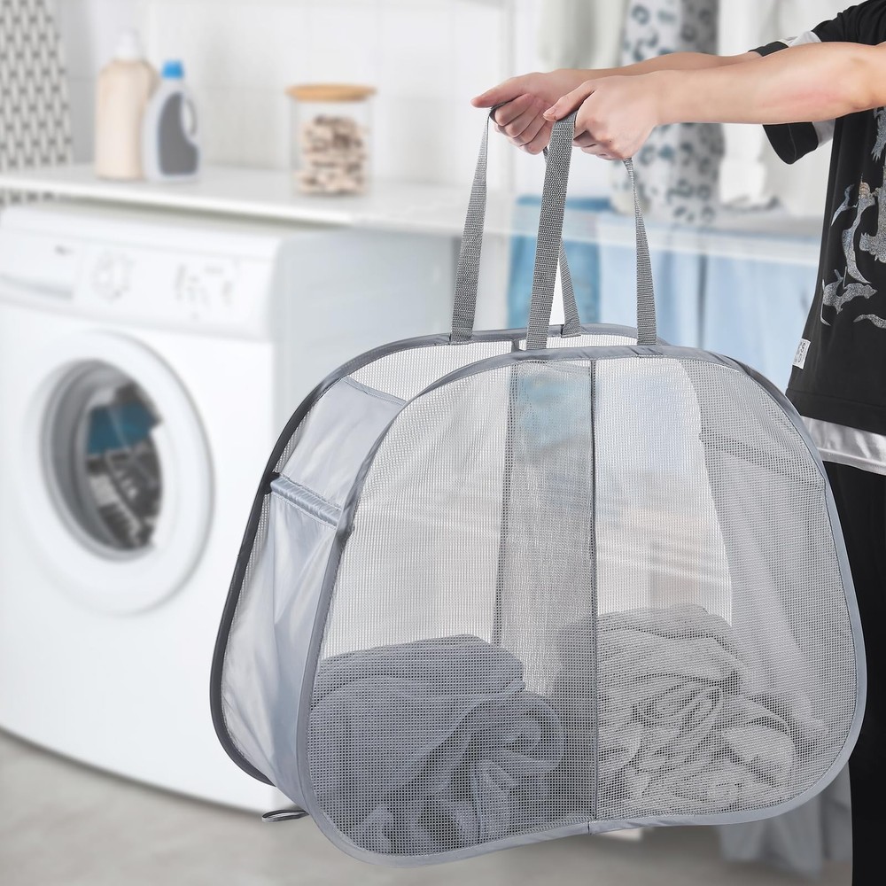 Mesh Popup Laundry Hamper 2 Compartment, Collapsible Laundry Sorter Basket Fo...