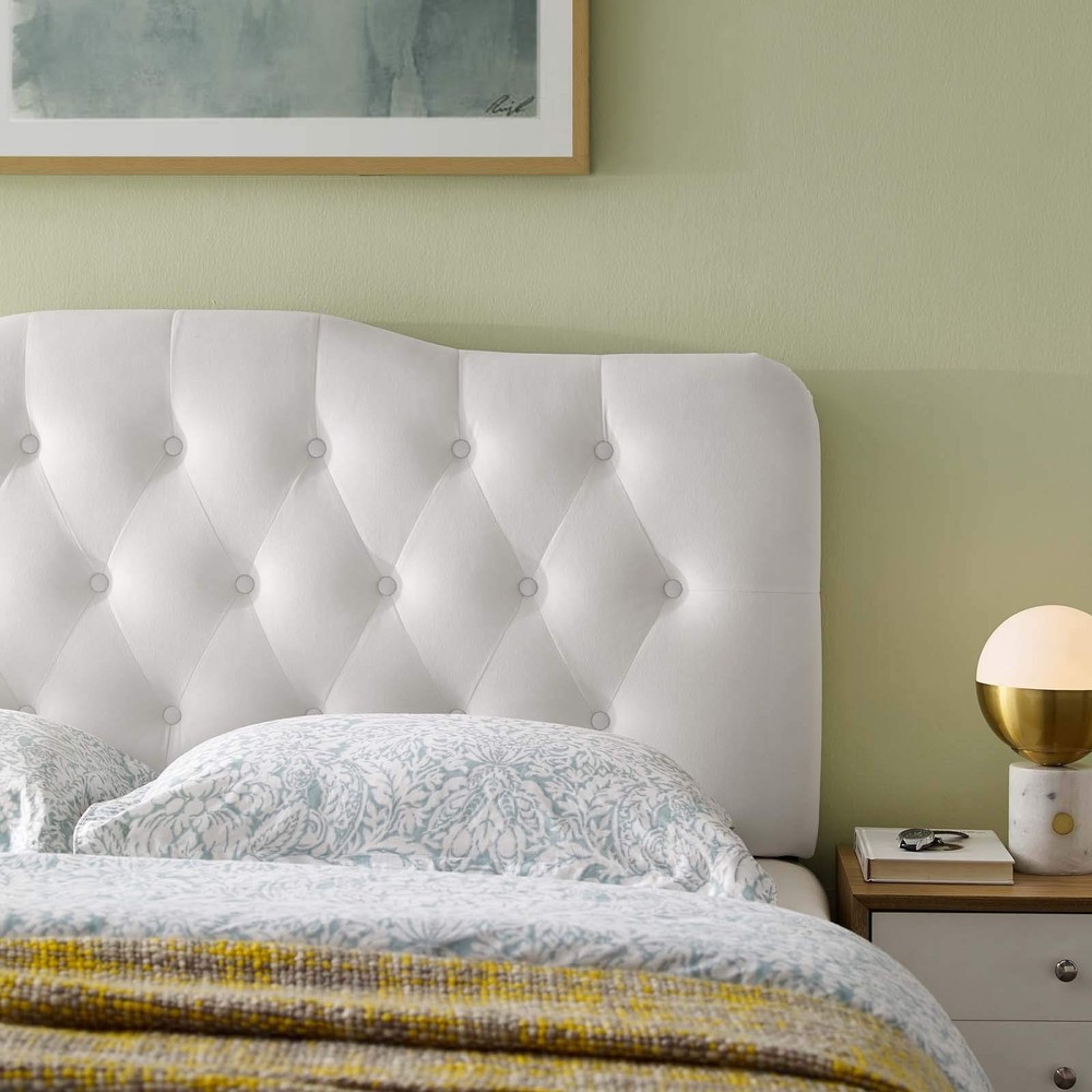 Annabel Velvet Full Headboard Adjustable Height Button Tufted White Upholstery