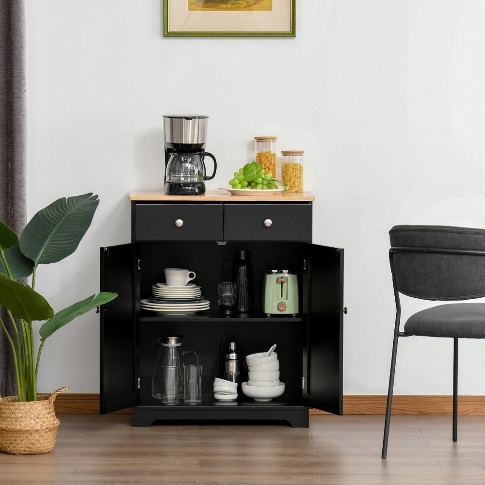 Engineered Wood Sideboard Kitchen Storage Cabinet Black Natural