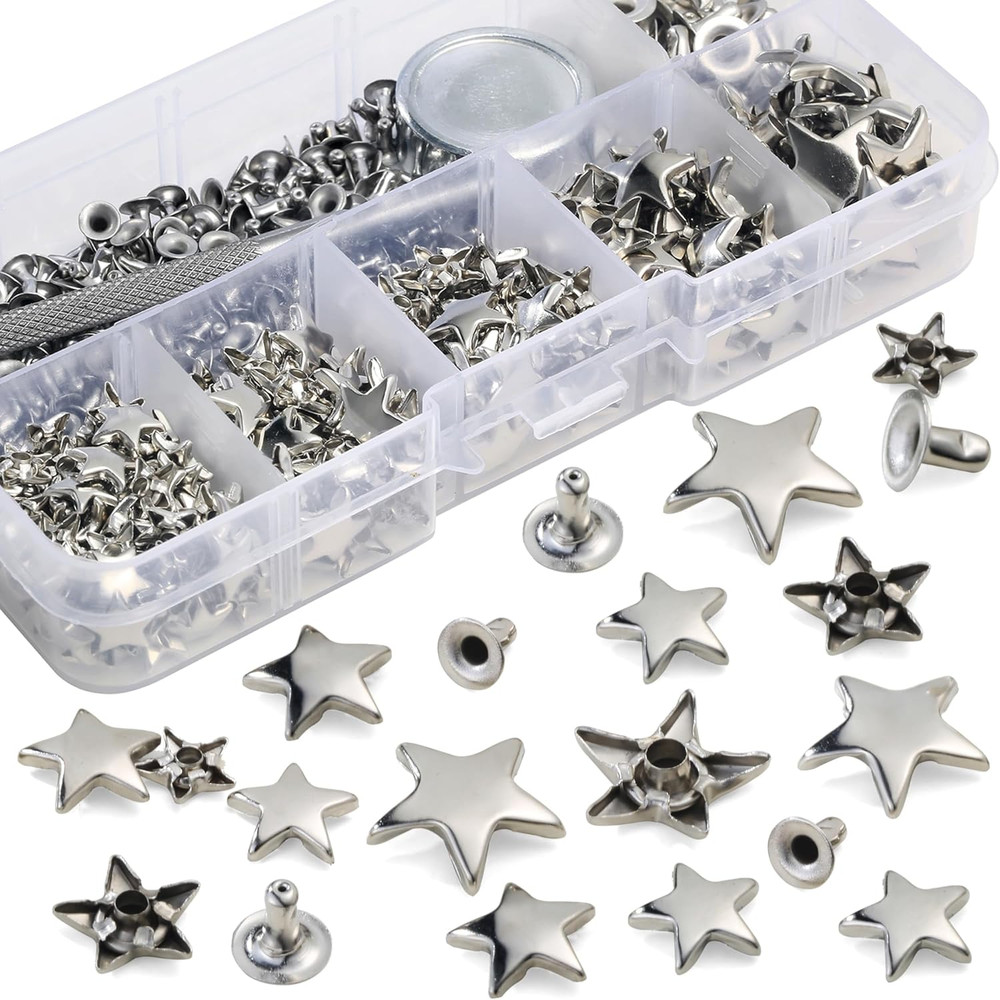 200 Sets Leather Rivets Kit Mixed Sizes Rivets for Leather Star Studs for Clothi