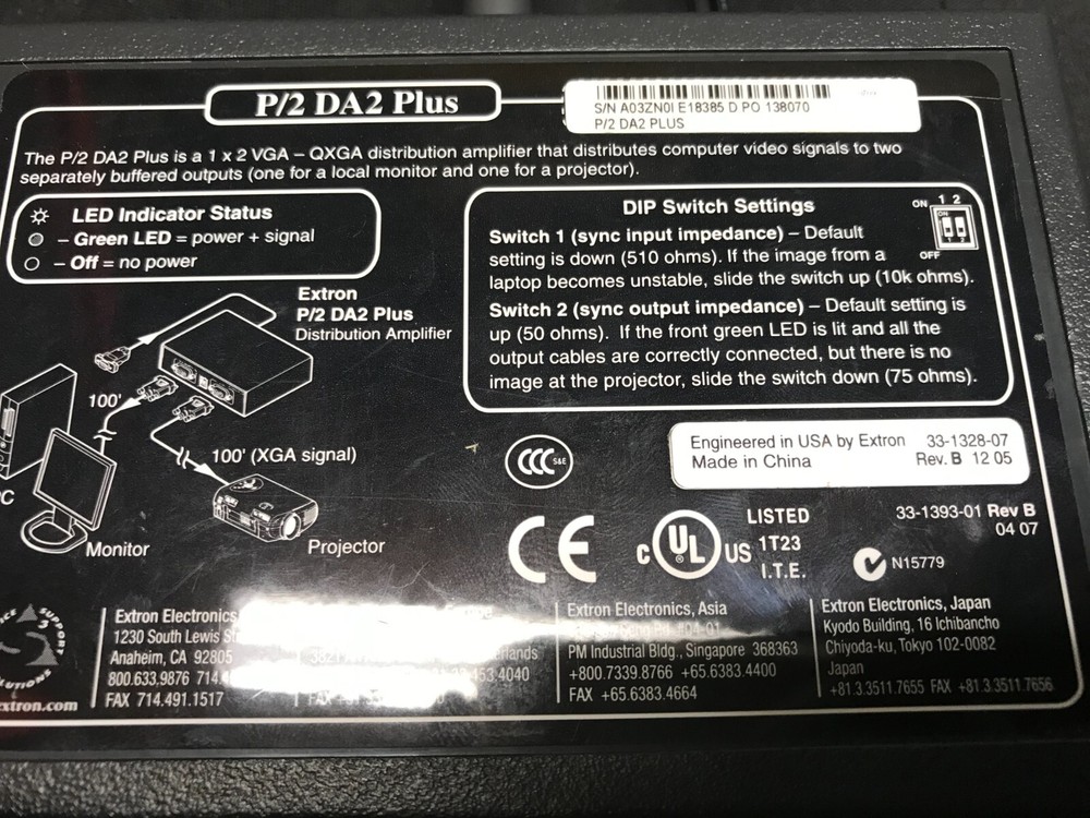Extron P/2 DA2 Plus Two Output VGA Distribution Amplifier with Power Cord