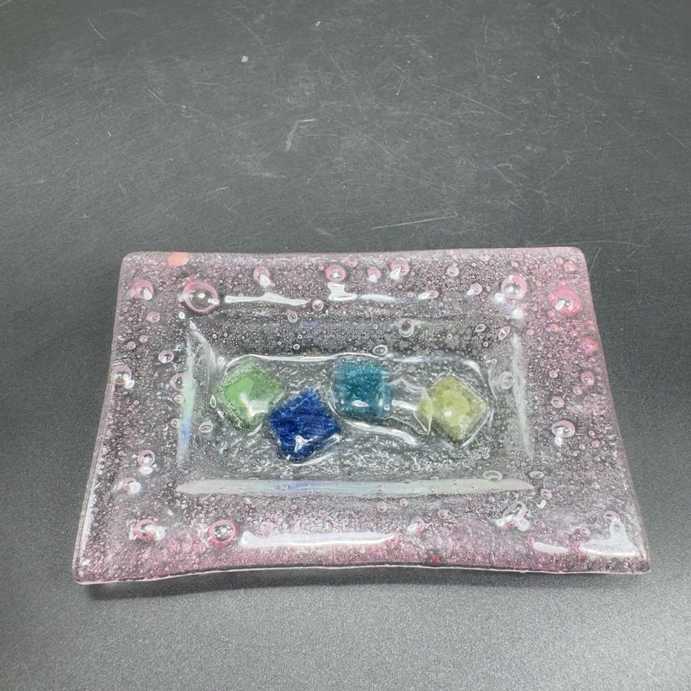 Vintage Hand Made Rectangular Trinket Dish Holder Container Plate Pink Bubbles