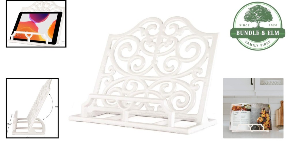Sturdy Heavy-Duty Cast Iron Cookbook Holder in Classic White - Multi-Functional
