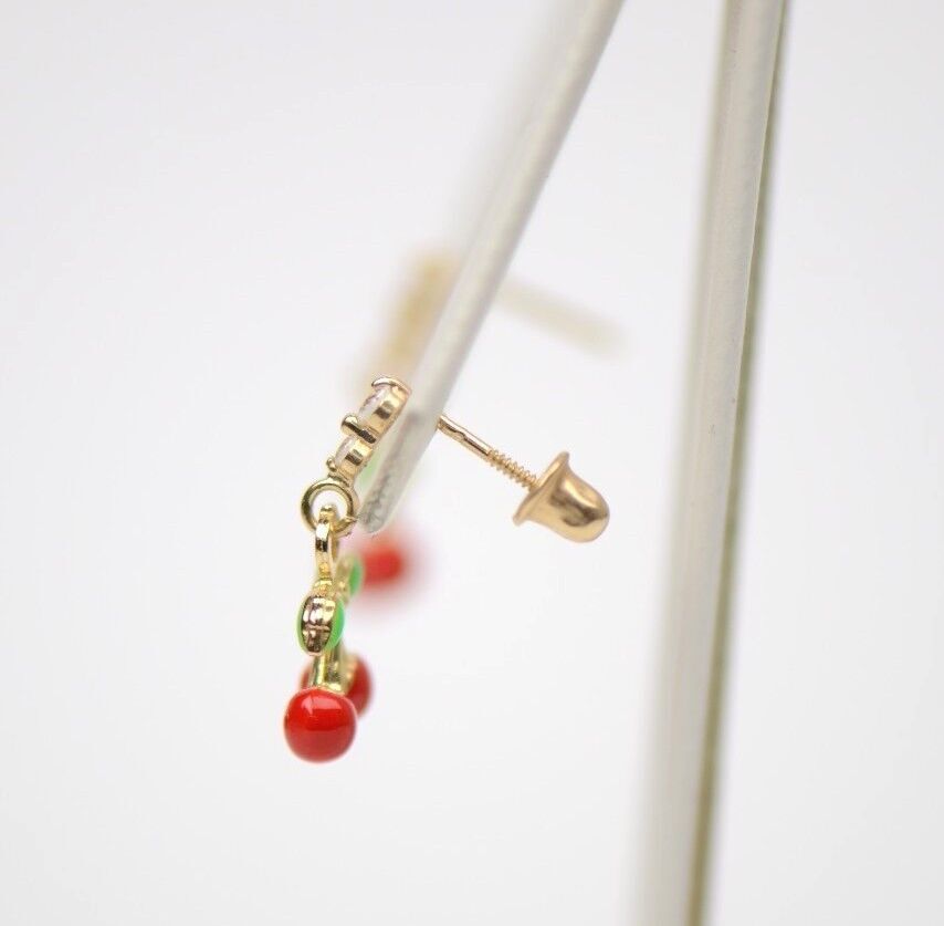 14K Solid Yellow Gold Cherry Enamel CZ Dangle Earrings