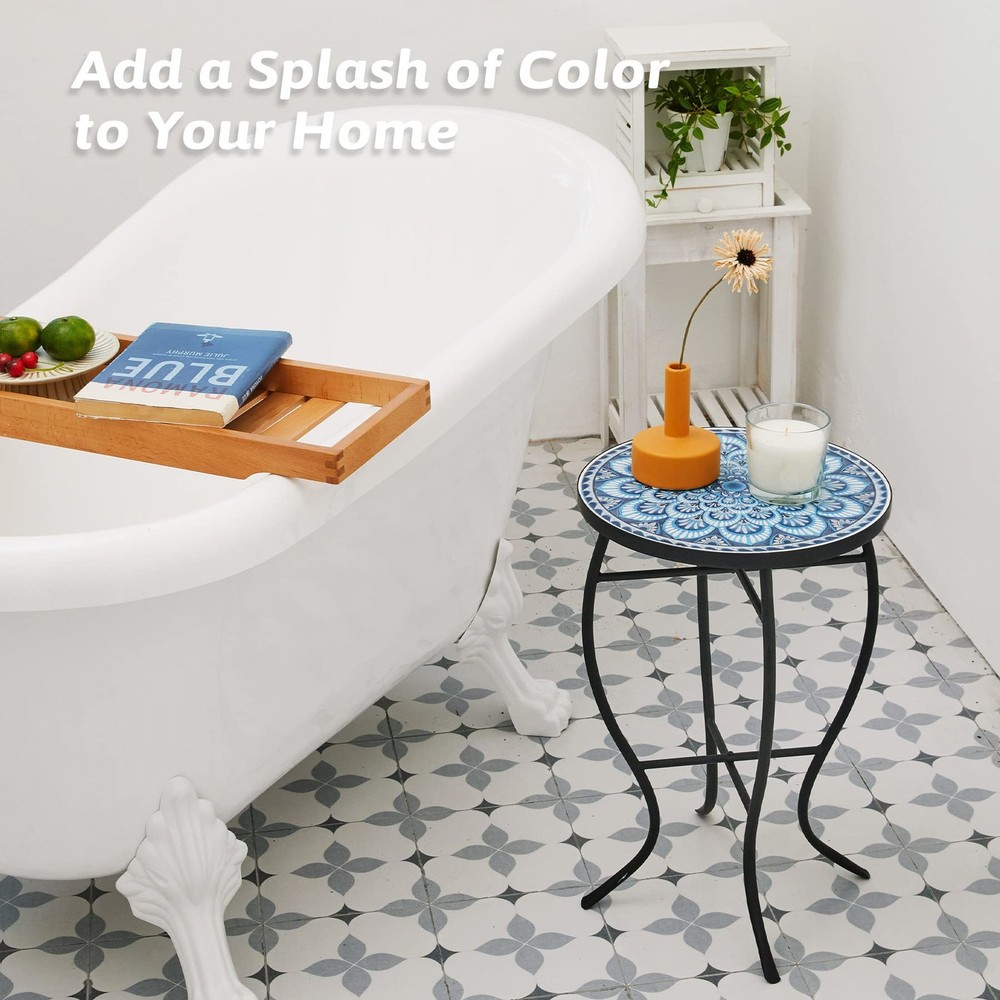 Mosaic Side Table and Plant Stand, 21" Round End Table with 14" Ceramic Tile ...
