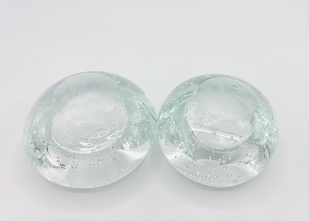 VTG MCM Clear Controlled Bubble Candle Holders Art Glass Tea Light