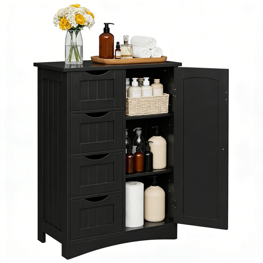 Black Bathroom Storage Cabinet with Adjustable Shelf Floor Storage Cupboard