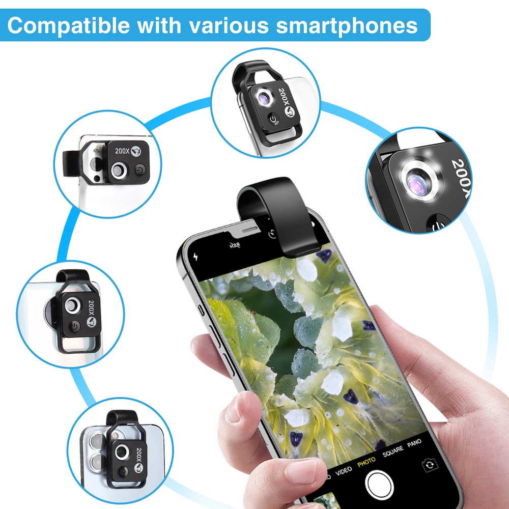 200X Microscope With CPL Lens Led Light Micro for iPhone Android Cell Phone US