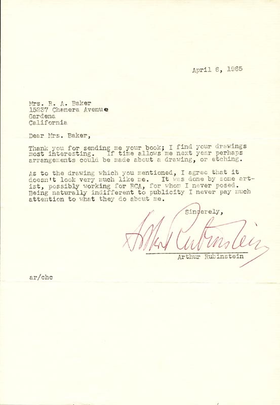 ARTHUR RUBINSTEIN - TYPED LETTER SIGNED 04/06/1965