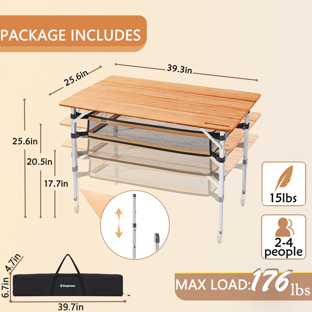KingCamp Bamboo Folding Camping Table - Lightweight, Adjustable Height, Durable
