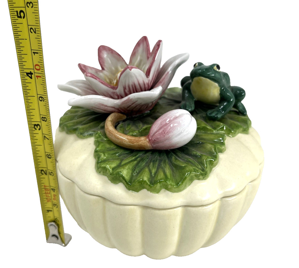 Fitz & Floyd Classics Lidded Trinket Box Ceramic Frog On Lily Pad Turtle Inside