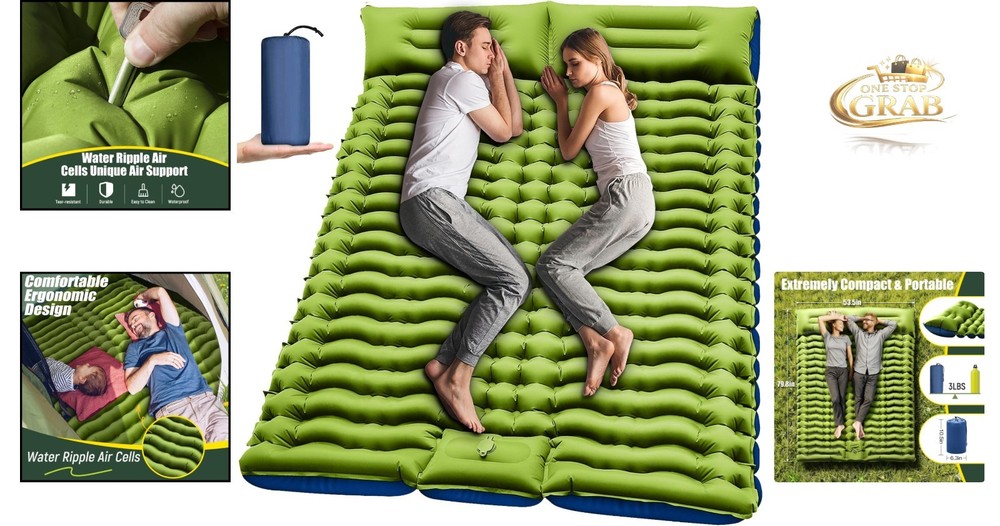 Ultra-Thick Double Self-Inflating Camping Sleeping Pad with Pillow Green