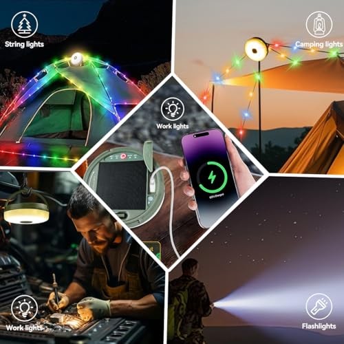 40FT Solar Camping String Lights, Rechargeable String Lights with 8 39.4FT