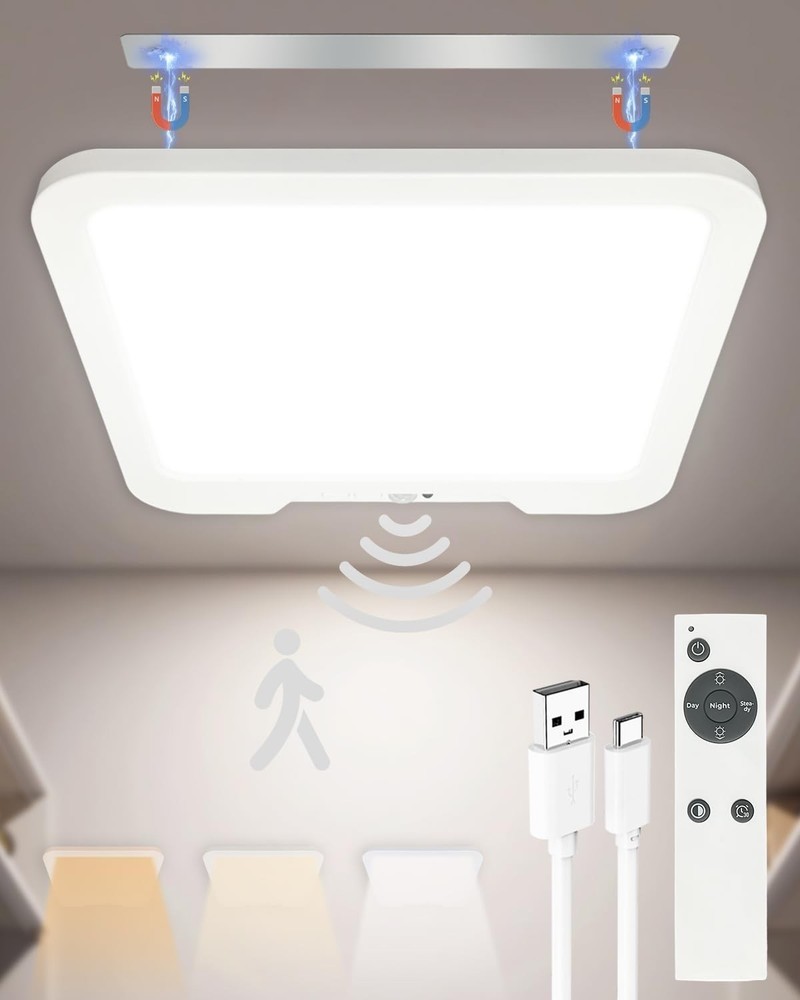 Rechargeable Motion Sensor Ceiling Light with Remote, Dimmable Magnetic Mount...