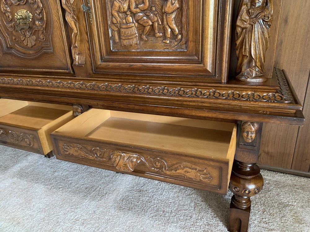 Antique Solid Oak French Gothic sideboard cabinet