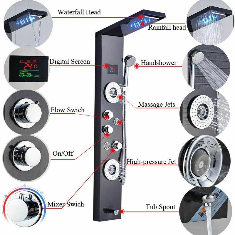 LED Black Shower Panel Tower System W/ 4 Massage Jets Hand Shower Water&Rainfall