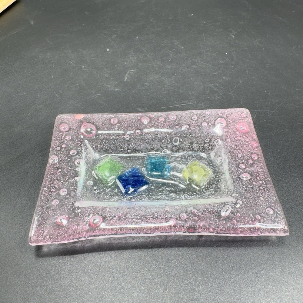 Vintage Hand Made Rectangular Trinket Dish Holder Container Plate Pink Bubbles