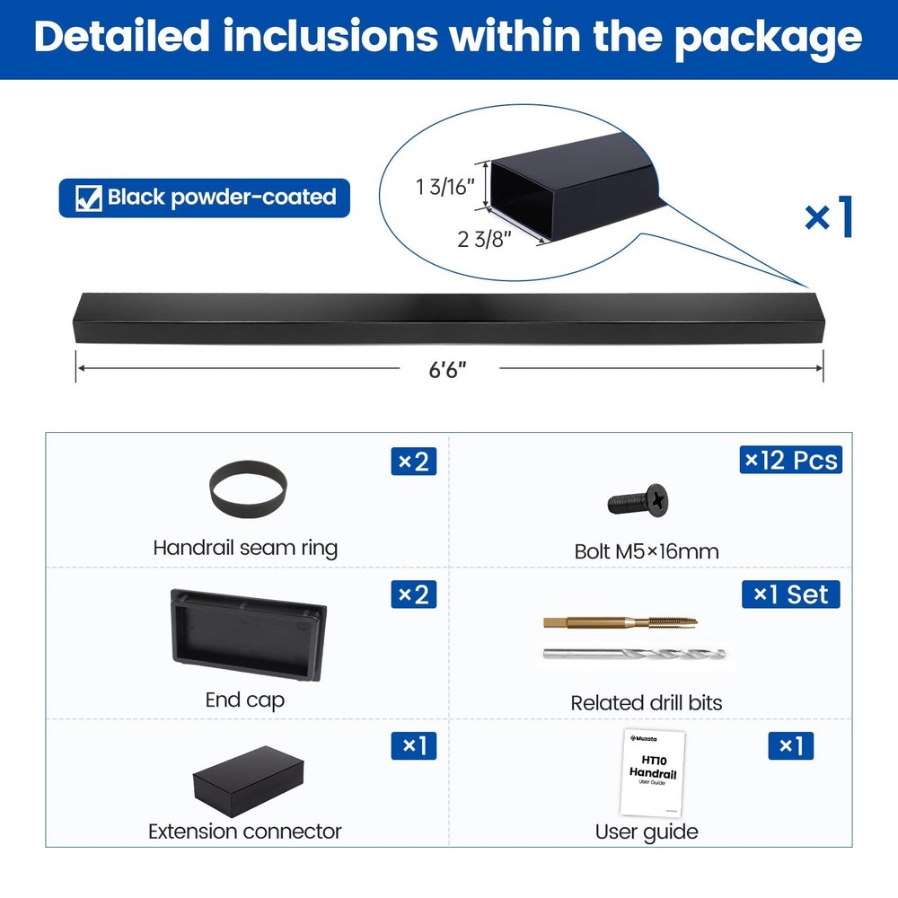 6'6"Black Cable Railing Handrail Rectangular Stainless Steel for System Top Deck