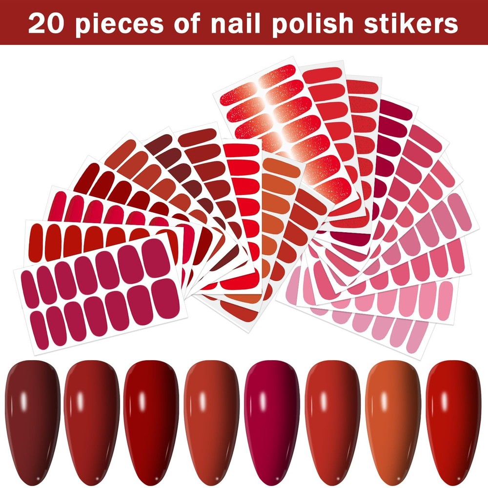 20 Sheets 280 Pcs Red Nail Stickers Full Nail Wraps，Solid Nail Polish Strips ...