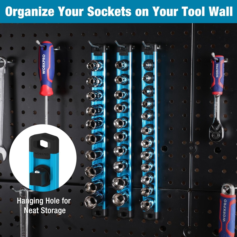WORKPRO Magnetic Socket Organizer, 3/8''Drive Heavy Duty Socket Holder Sky Blue