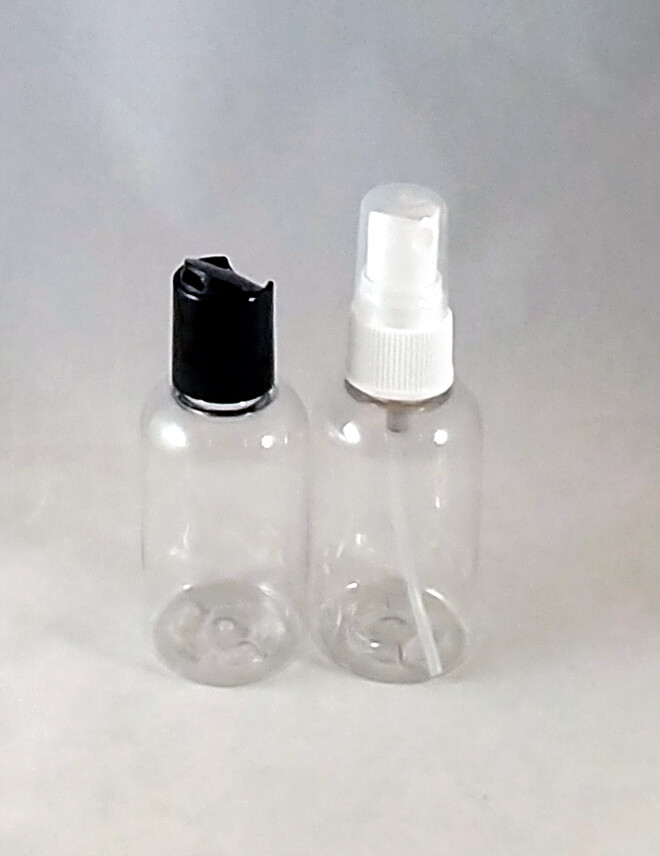 Clear PET 2 oz Plastic Bottles- Disc Cap or Pump Spray Atomizer Mult Quantities