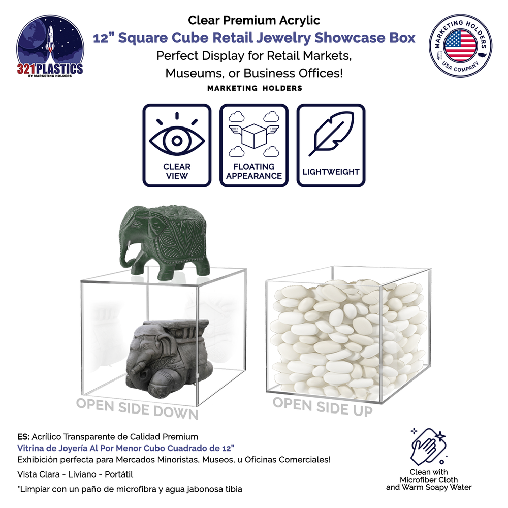 12" Clear Display Box Riser Acrylic Retail with One Open Side Square
