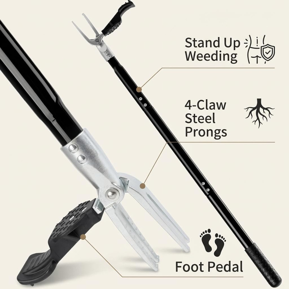 Heavy-Duty 4-Claw Weed Puller Tool with Adjustable Long Handle