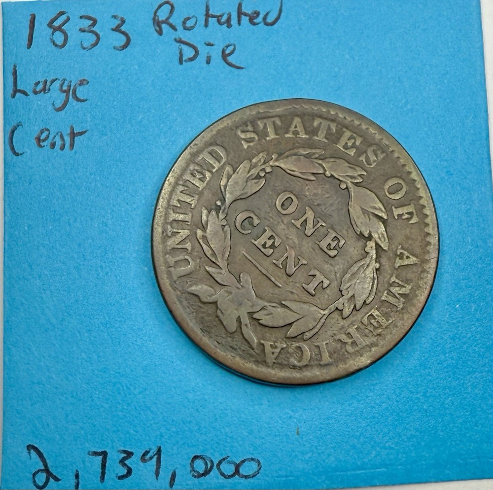 1833 Coronet Head Large Cent – Rotated Die Error – Early U.S. Copper