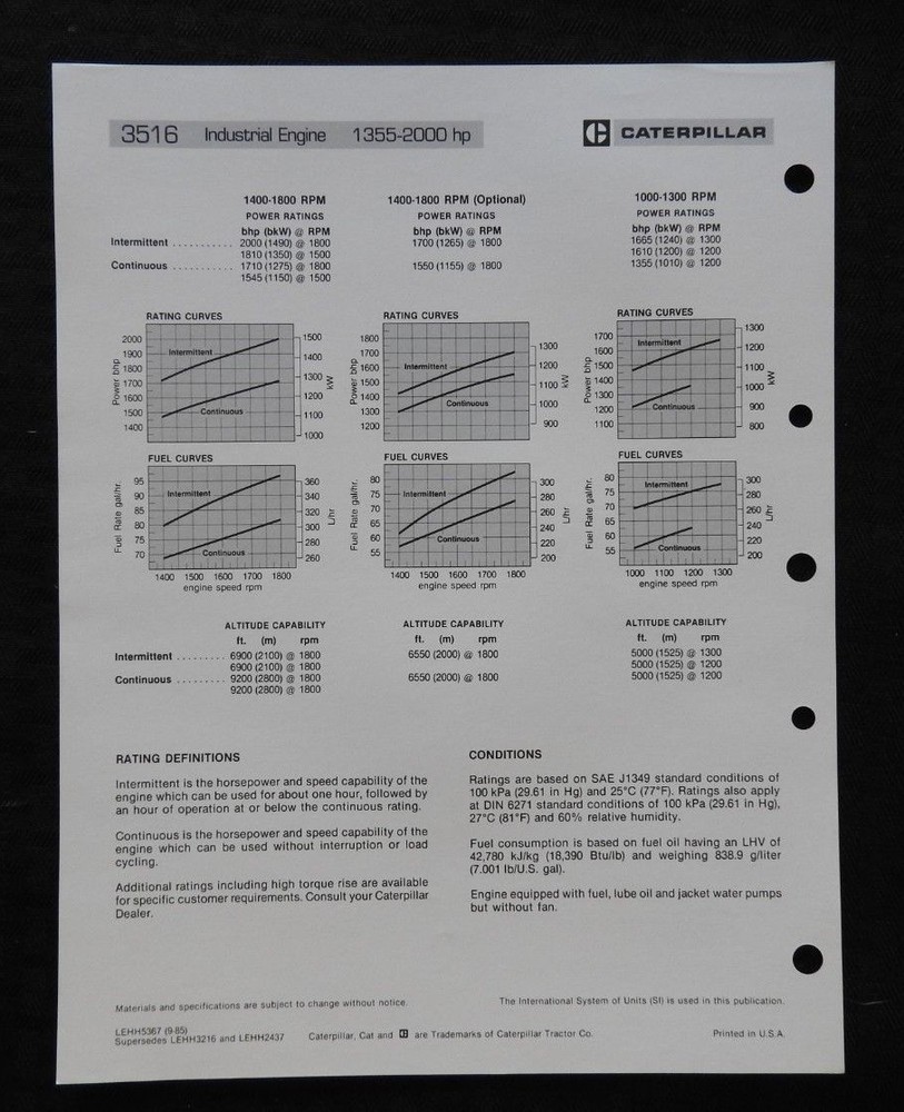 1985 CATERPILLAR 3516 INDUSTRIAL DIESEL ENGINE SPECIFICATION BROCHURE NICE SHAPE