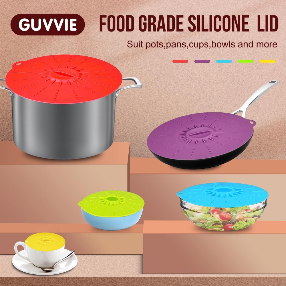Guvvie Silicone lids - 5 Pack 5pcs Big size Multi purpose, multi colors