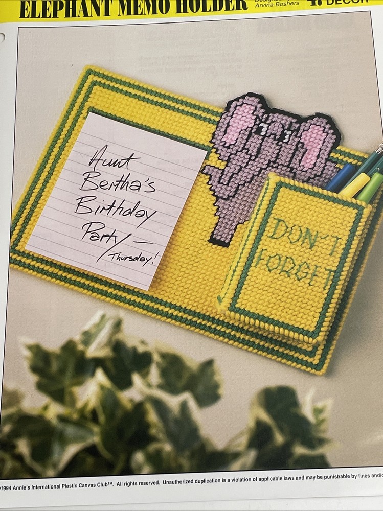 Annie's Attic Elephant Memo Holder Plastic Canvas Pattern