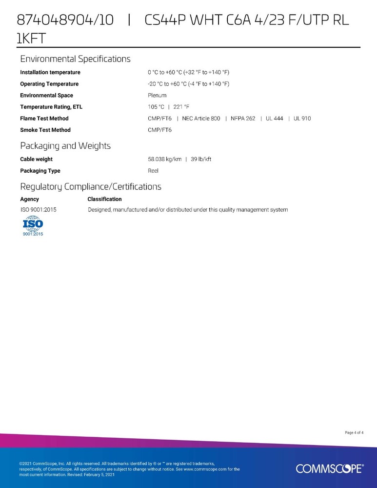 Commscope CS44P Cat6A F/UTP Shielded Network Ethernet 10G Cable CMP White /50ft