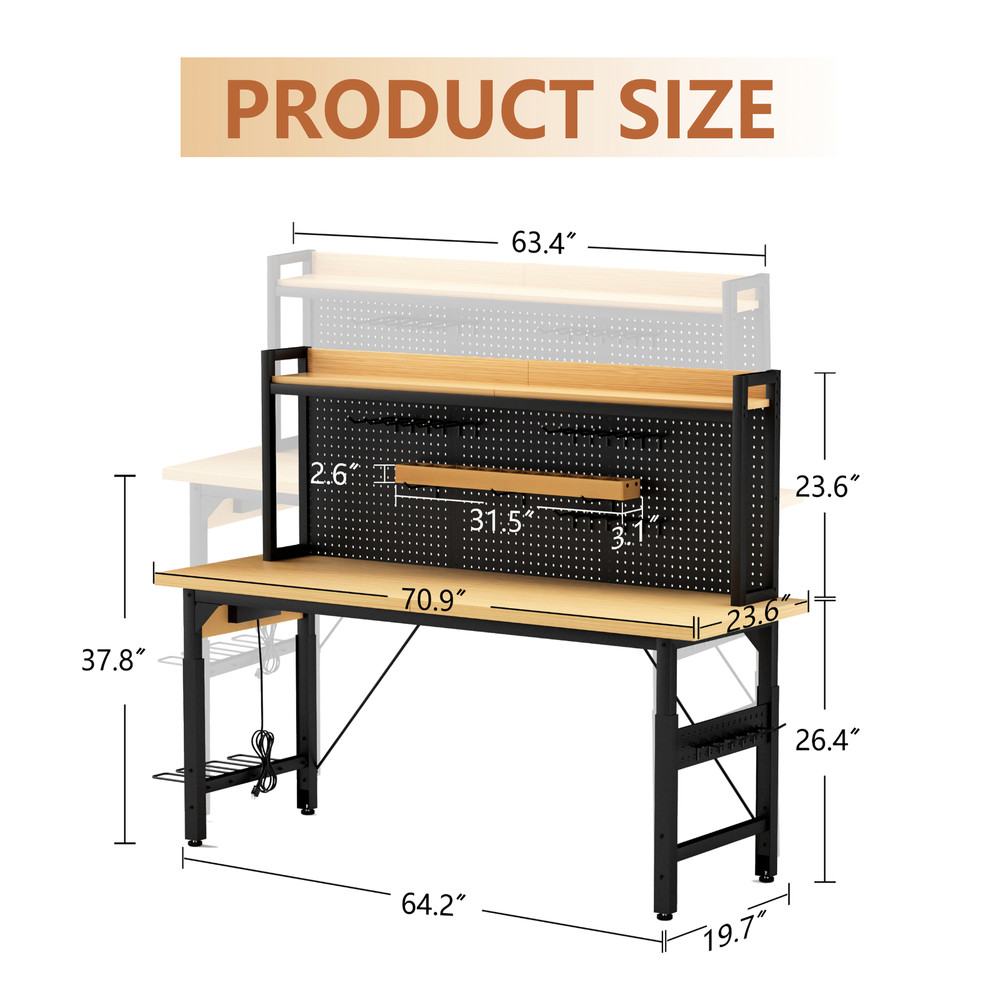 71''Adjustable Workbench with pegboard, Heavy Duty Wooden Desktop Workbench